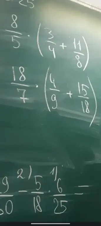Ты просишь меня решить примеры: 8/5 * (3/4 + 11/8), 18/7 * (4/9 + 15/18), 9 2/30 - 5/18 * 5 1/6