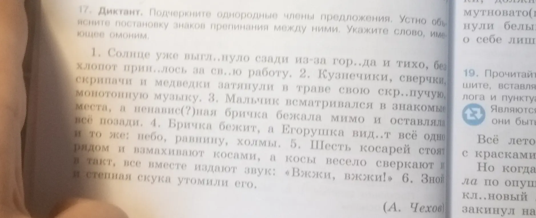 Подчеркни однородные члены предложения и укажи слово, имеющее омоним в диктанте.