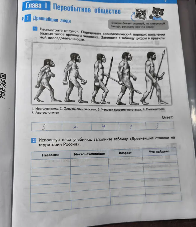 Объясни, как определить хронологический порядок появления разных типов древнего человека и заполнить таблицу «Древнейшие стоянки на территории России».