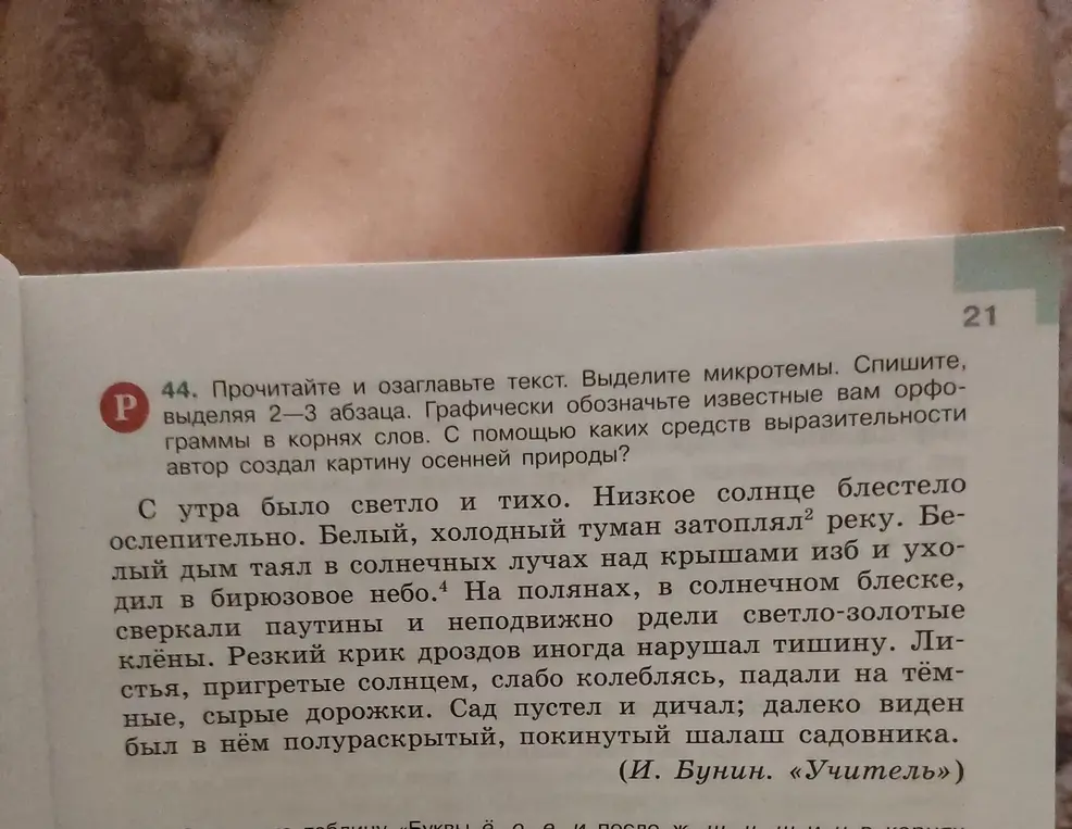 Предложи озаглавить текст, выделить микротемы, орфограммы в корнях слов и указать средства выразительности, которые автор использовал для описания осенней природы.