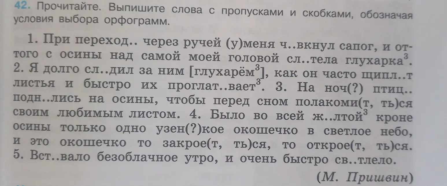Выпиши слова с пропусками и скобками, обозначая условия выбора орфограмм в тексте