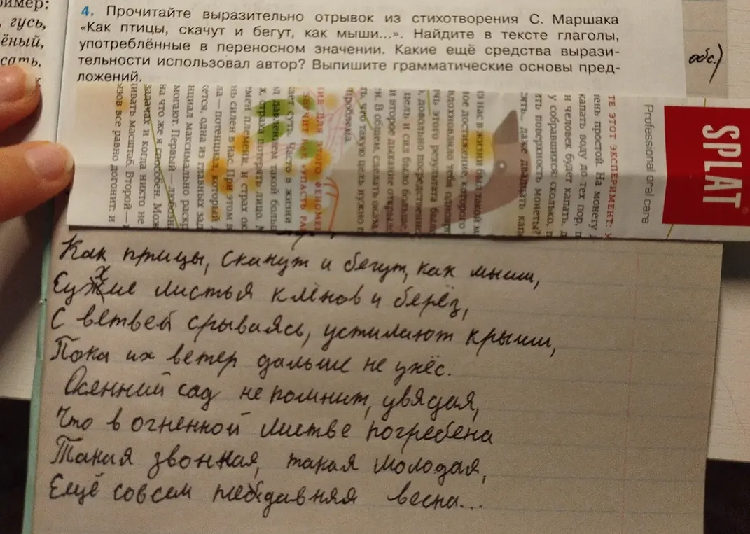 Найди в тексте стихотворения С. Маршака «Как птицы, скачут и бегут, как мыши...» глаголы, употребленные в переносном значении и выпиши грамматические основы предложений