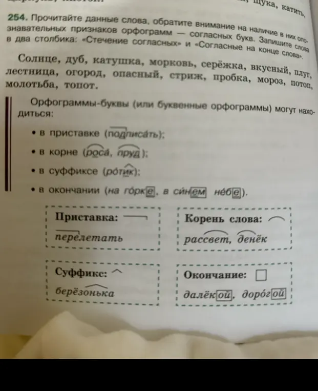 Выполни упражнение с орфограммами в приставке, корне, суффиксе и окончании