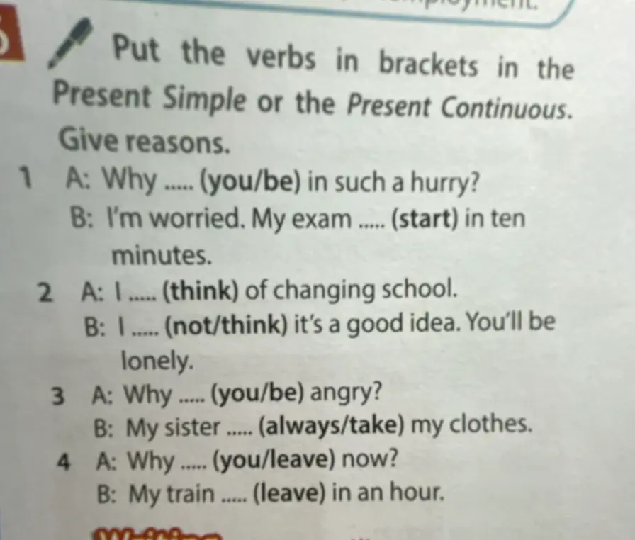 Ты просишь вставить глаголы в скобках в Present Simple или Present Continuous в предложении 'Why ..... (you/be) in such a hurry?'