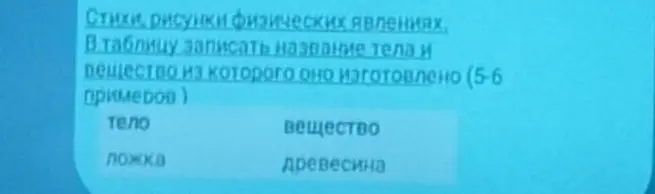 Составь таблицу из 5-6 примеров, в которой укажи названия тел и вещества, из которого они сделаны.