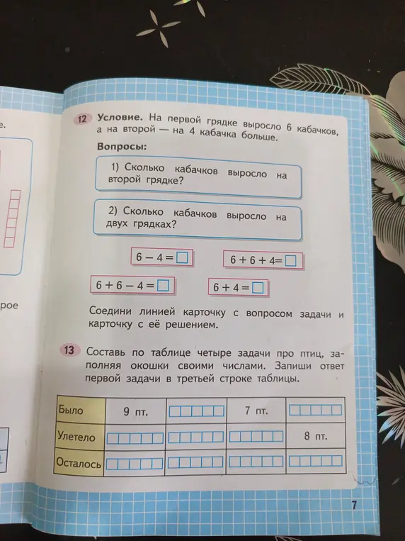Помоги решить задачи про кабачки и птиц.