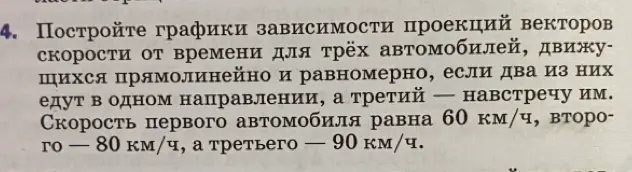 Построй графики зависимости проекций векторов скорости от времени для трёх автомобилей, движущихся прямолинейно и равномерно, если два из них едут в одном направлении, а третий — навстречу им.