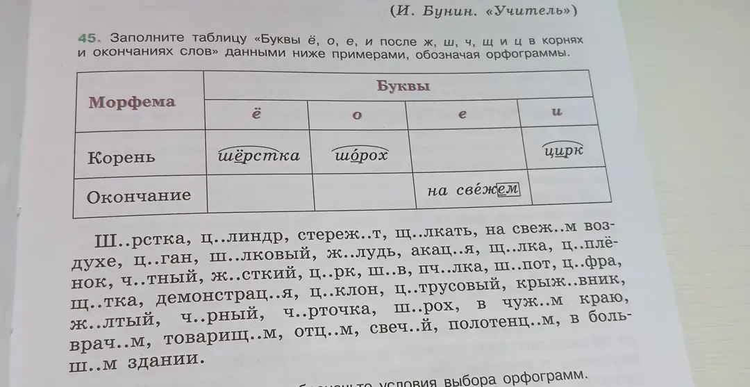 Заполни таблицу «Буквы ё, о, е, и после ж, ш, ч, щ и ц в корнях и окончаниях слов» данными ниже примерами, обозначая орфограммы.