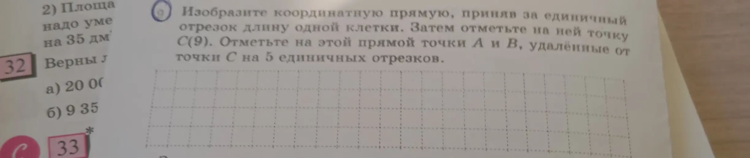 Объясни, как изобразить координатную прямую, приняв за единичный отрезок длину одной клетки, затем отметить на ней точку C(9) и точки А и В, удалённые от точки С на 5 единичных отрезков.