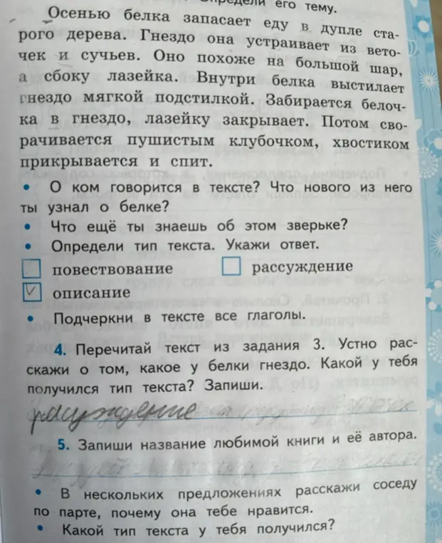 Определи тип текста в тексте про белку.