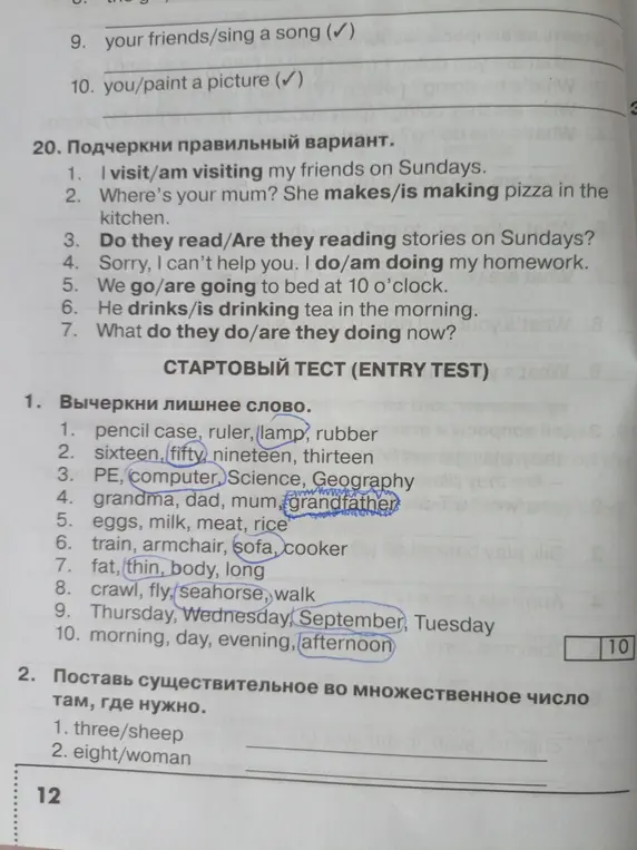 Выполни упражнения: в первом задании вычеркни лишнее слово, во втором поставь существительное во множественное число, в двадцатом подчеркни правильный вариант