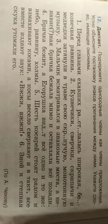 Ты просишь подчеркнуть однородные члены предложения, устно объяснить постановку знаков препинания между ними и указать слово, имеющее омонимы в тексте диктанта.