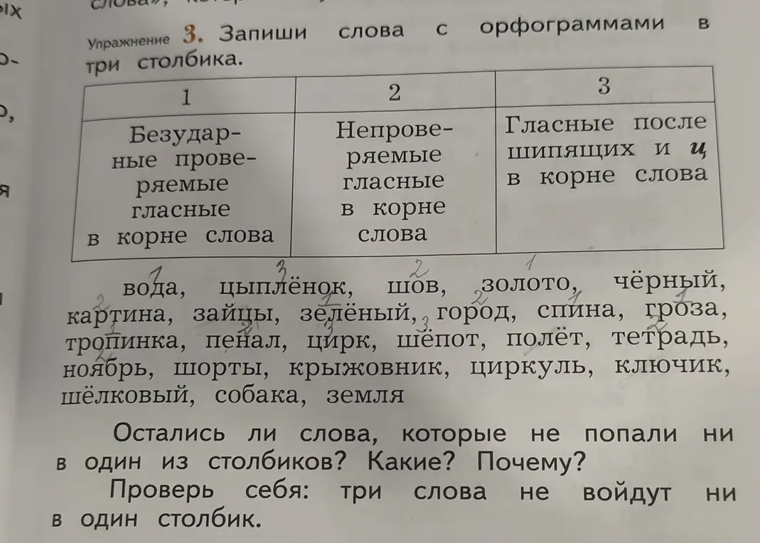 Помоги записать слова с орфограммами в три столбика: безударные проверяемые гласные в корне слова, непроверяемые гласные в корне слова, гласные после шипящих и ц в корне слова