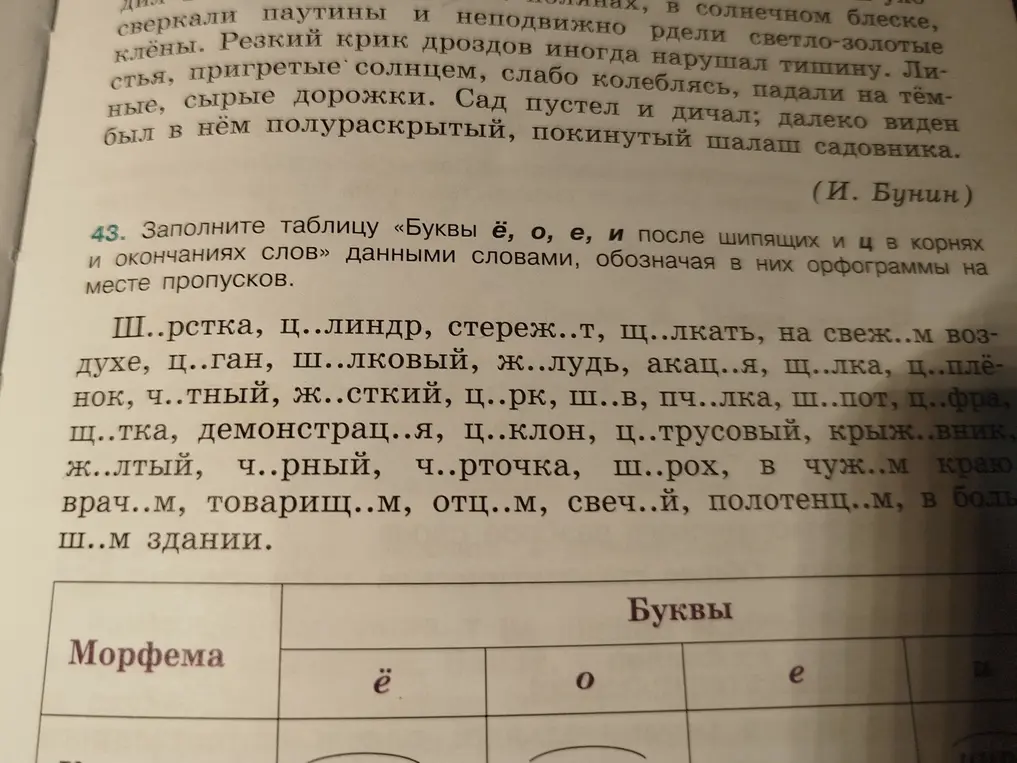 Заполни таблицу «Буквы ё, о, е, и после шипящих и ц в корнях и окончаниях слов» данными словами, обозначая в них орфограммы на месте пропусков