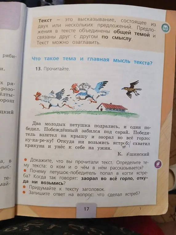 Можешь ли ты ответить на вопросы по тексту про петушков и ястреба: Определите тему текста, почему петушок-победитель попал в когти ястреба, придумайте заголовок и что сделал ястреб?