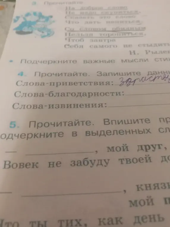 Ты просишь меня записать слова благодарности и извинения, а также вставить подходящие слова в предложения.