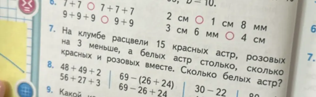 Помоги решить примеры и задачу про цветы.