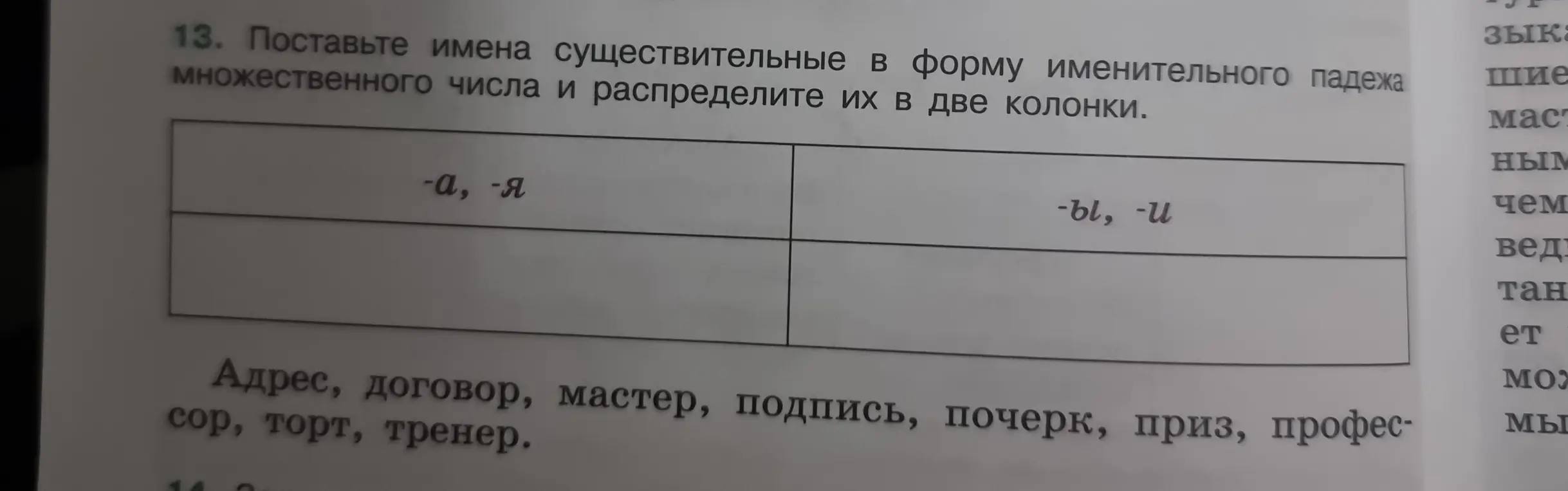 Помоги поставить имена существительные в форму именительного падежа множественного числа и распредели их в две колонки.