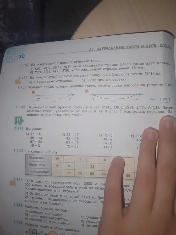 Реши примеры и задачи на фото: вычисли число на координатной прямой; выполни вычисления; заполни таблицу; найди, сколько метров в доле километра.