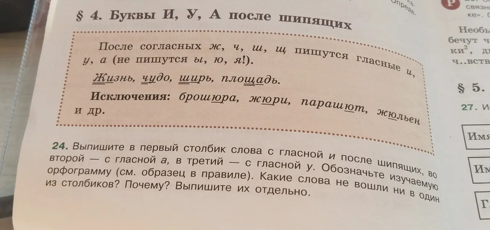 Выполни упражнение: выпиши в столбик слова с гласной и после шипящих, во второй с гласной а, в третий — с гласной у. Обозначьте изучаемую орфограмму.