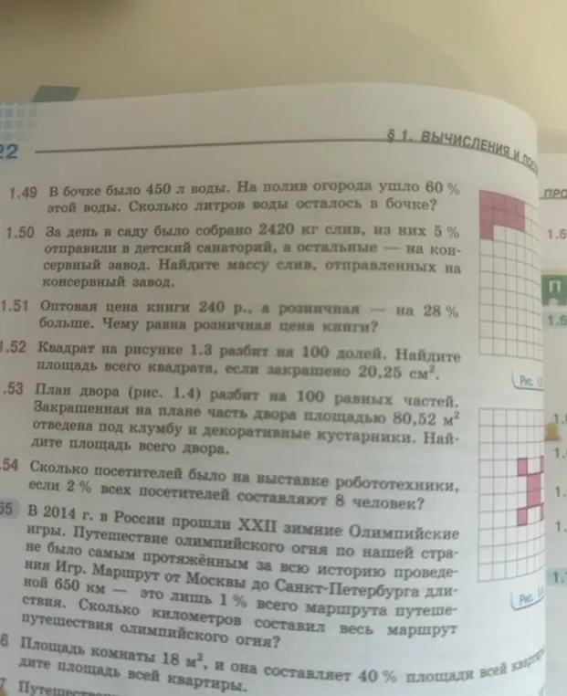 Ты просишь решить несколько математических задач: про воду в бочке, сливы, цену книги, квадрат, план двора, посетителей выставки, маршрут олимпийского огня и площадь квартиры.