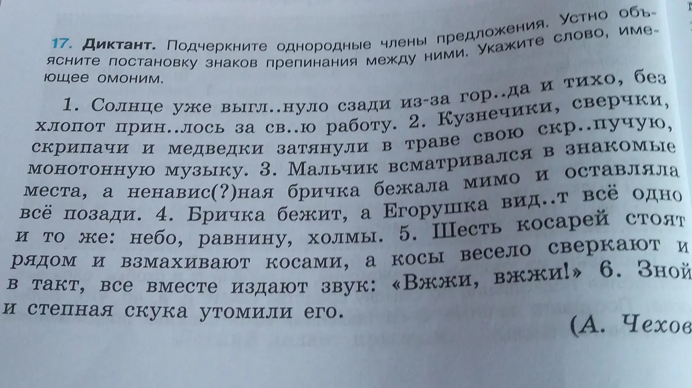 Ты просишь подчеркнуть однородные члены предложения, объяснить постановку знаков препинания между ними и указать слово, имеющее омоним в упражнении 1.