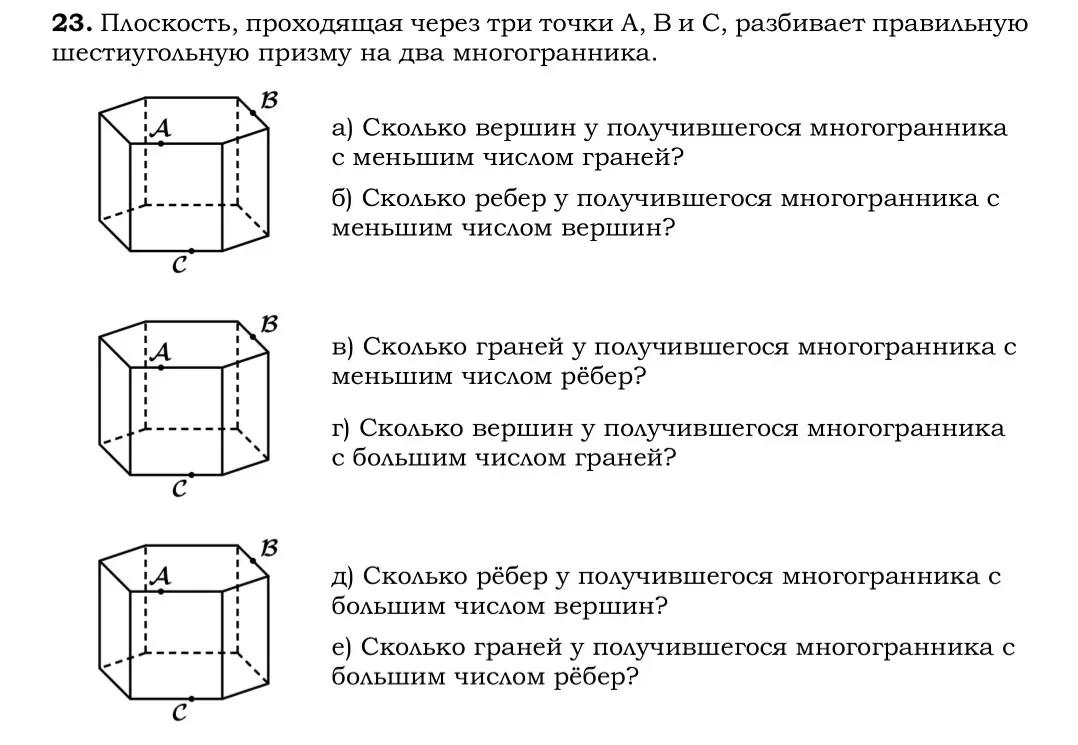 Ты просишь меня ответить на вопросы о количестве вершин, ребер и граней многогранников, полученных при разрезании шестиугольной призмы плоскостью, проходящей через три точки.