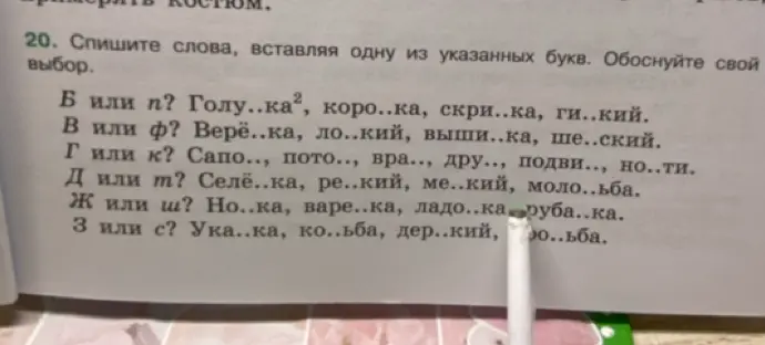 Выполни задание: спиши слова, вставляя одну из указанных букв (Б или П) в слово 'голубка'