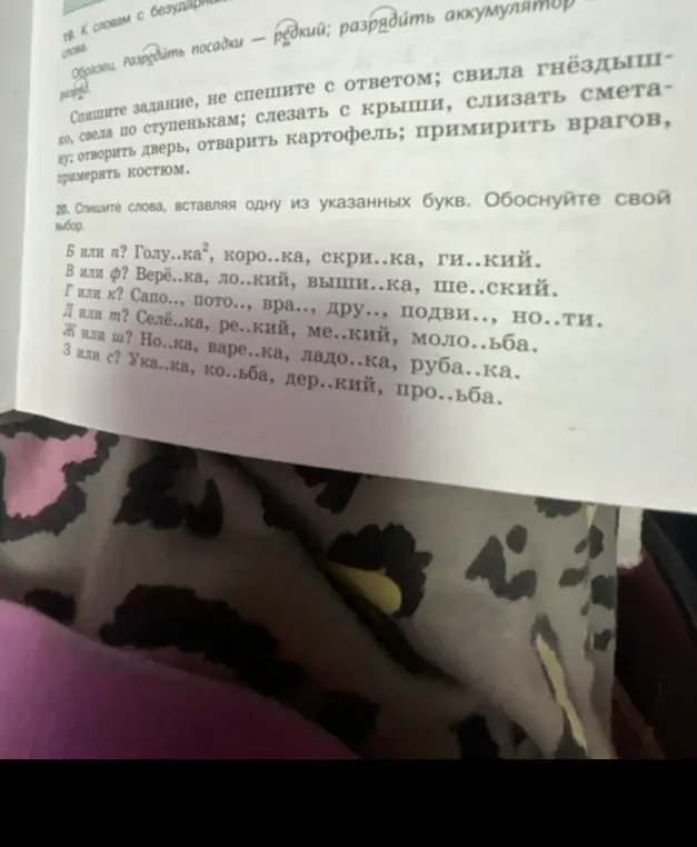 Ты просишь вставить пропущенные буквы в словах и объяснить свой выбор в задании 20