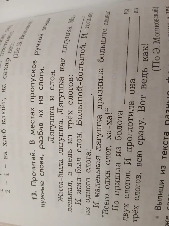 Заполни пропуски в тексте, разбив слова на слоги