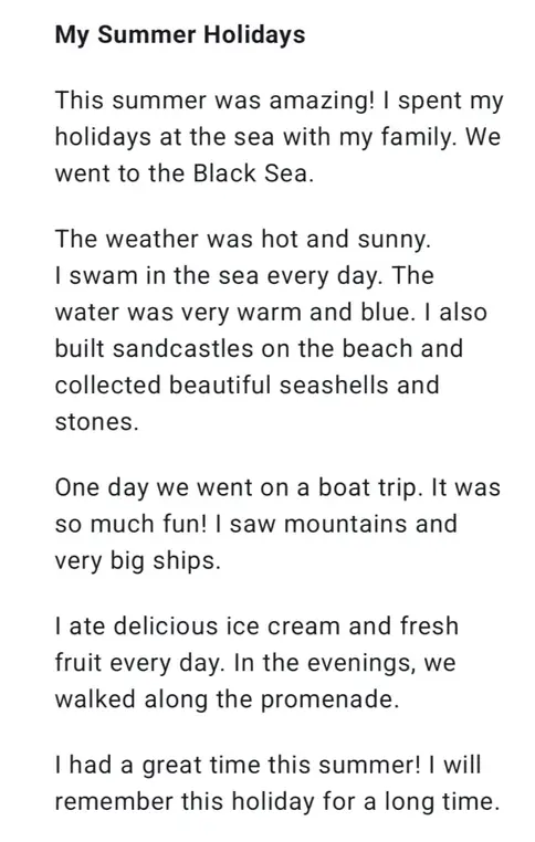 Переведи текст: My Summer Holidays. This summer was amazing! I spent my holidays at the sea with my family. We went to the Black Sea.
