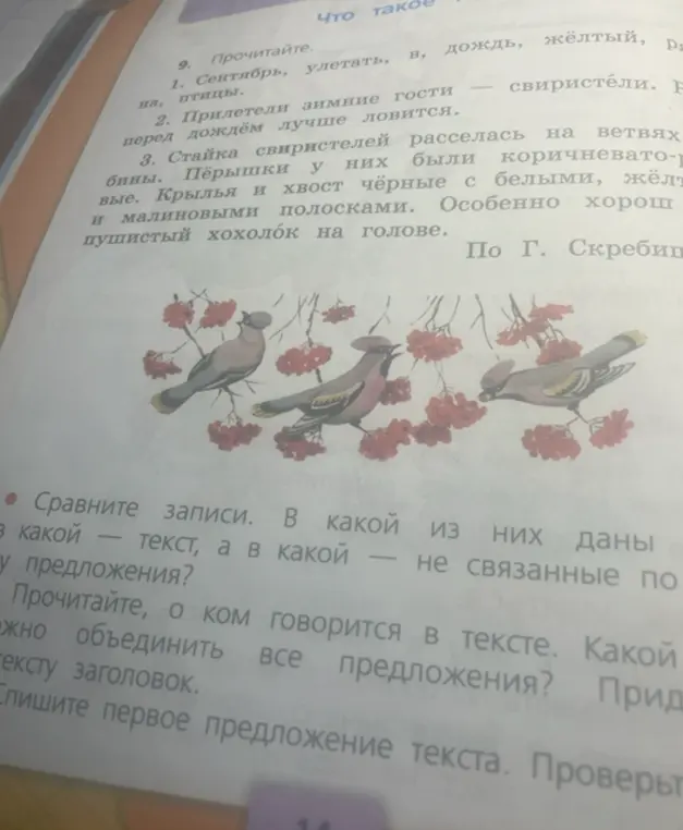 Сравни записи в упражнении 9: в какой из них дан текст, а в какой - не связанные по смыслу предложения?
