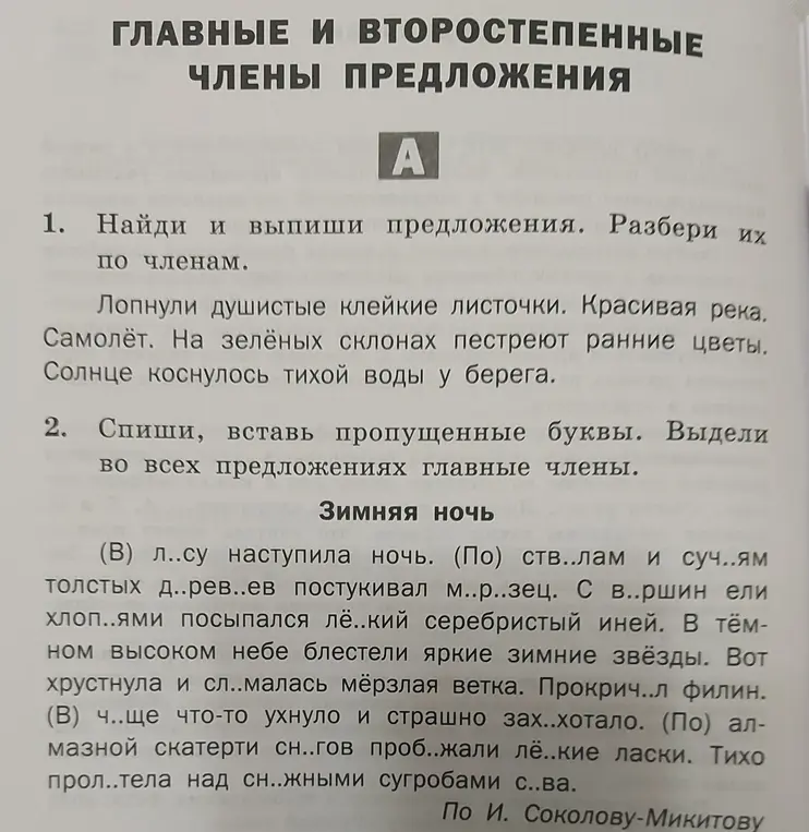 Выполни разбор предложений по членам и вставь пропущенные буквы в предложениях, выдели главные члены.