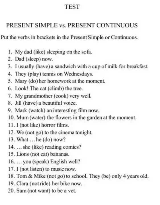 Помоги мне вставить глаголы в Present Simple или Continuous в предложениях.