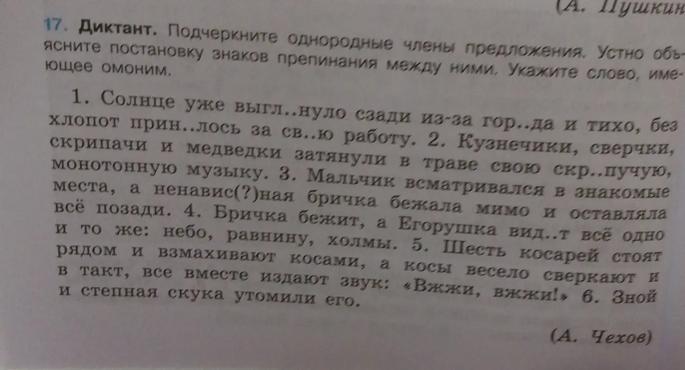 Помоги мне подчеркнуть однородные члены предложения и устно объяснить постановку знаков препинания между ними, а также указать слово, имеющее омоним.