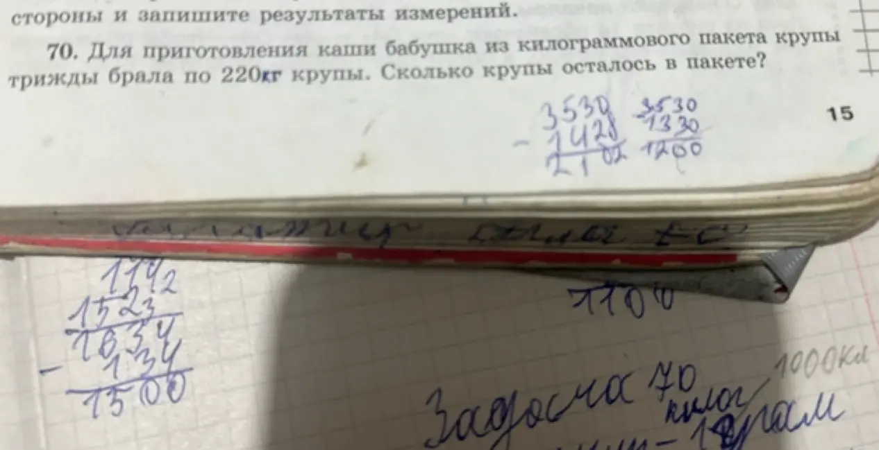 Сколько крупы осталось в пакете, если бабушка из килограммового пакета крупы трижды брала по 220 кг крупы?