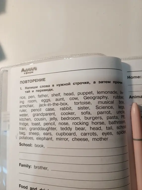 Напиши слова в нужной строчке, а затем прочитай и переведи