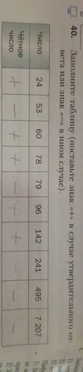 Определи чётность чисел 24, 53, 60, 78, 79, 96, 142, 241, 495, 7207