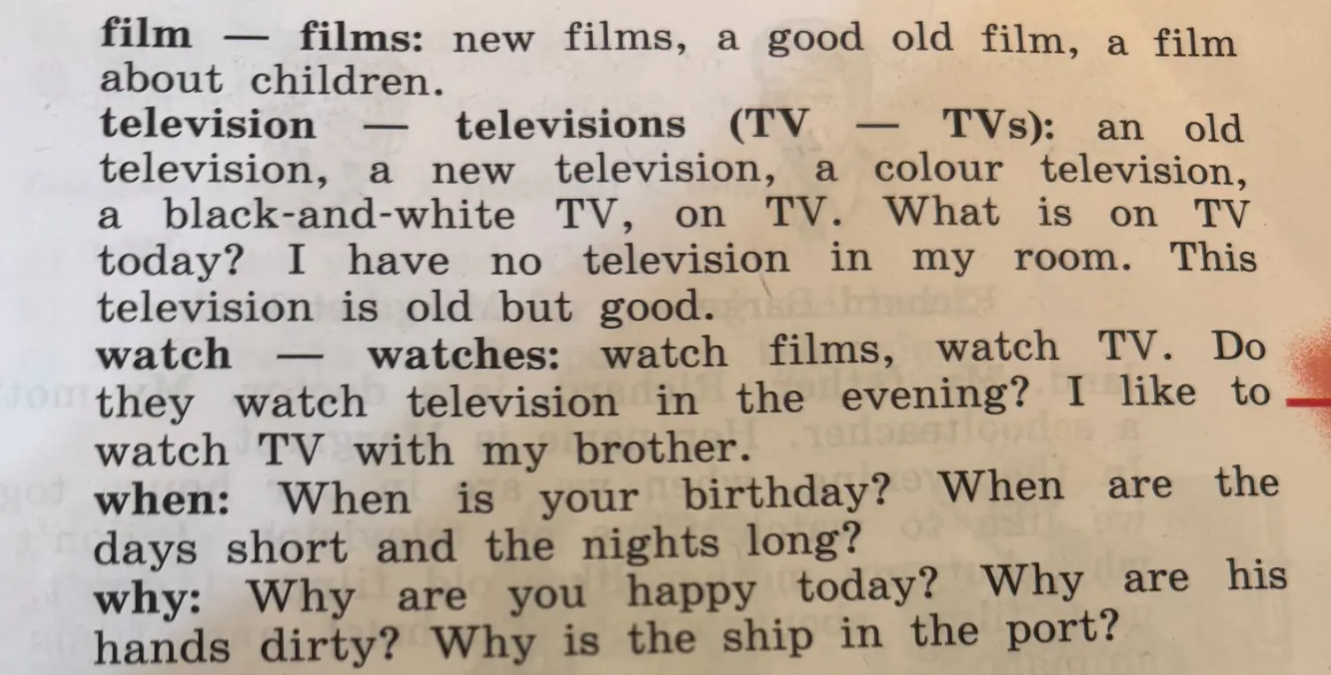 Приведи примеры использования слов film, television, watch, when, why