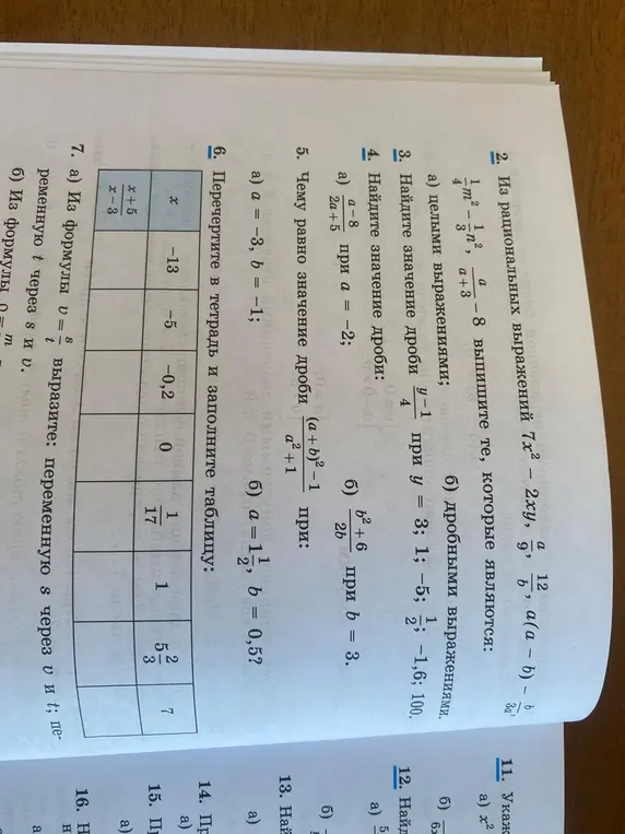 Заполни таблицу, вычислив значения выражения (x+5)/(x-3) при заданных значениях x