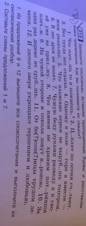Ты просишь записать пословицы, вставляя пропущенные буквы и расставляя знаки препинания, объяснить их смысл, выписать словосочетания из предложений 9 и 12 и выполнить их синтаксический разбор, а также составить схемы предложений 1 и 7.