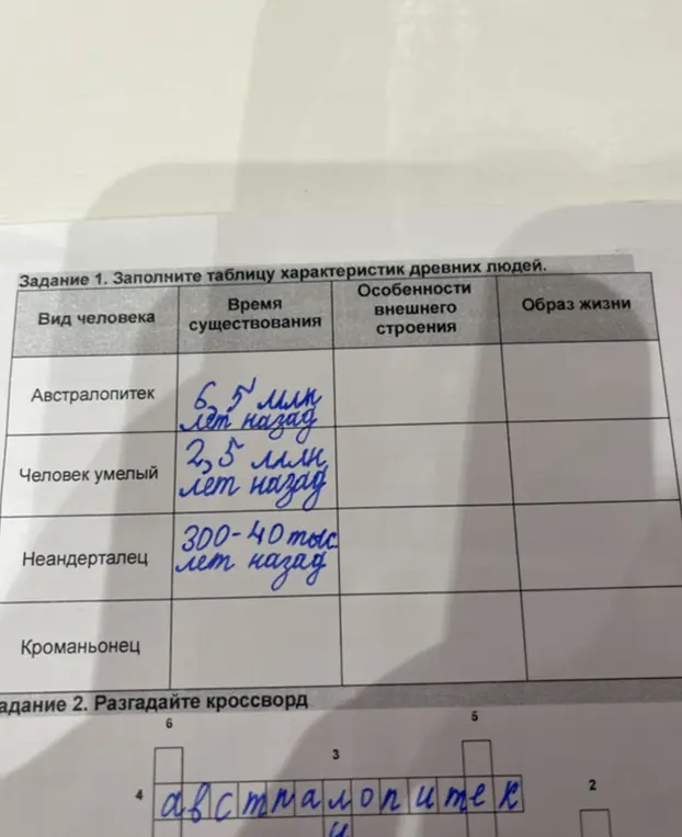 Предложи помощь в заполнении таблицы характеристик древних людей и разгадывании кроссворда.