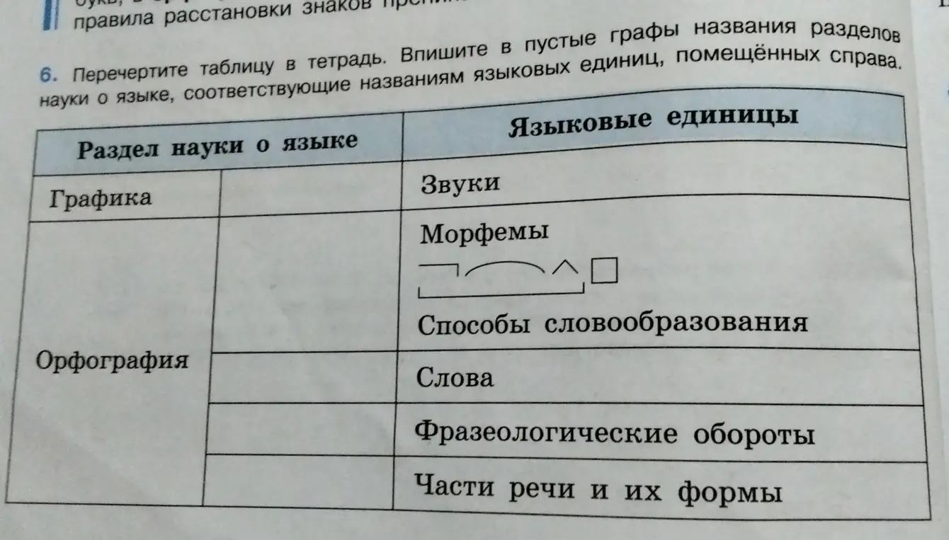 Впиши в пустые графы названия разделов науки о языке, соответствующие названиям языковых единиц, помещённых справа.
