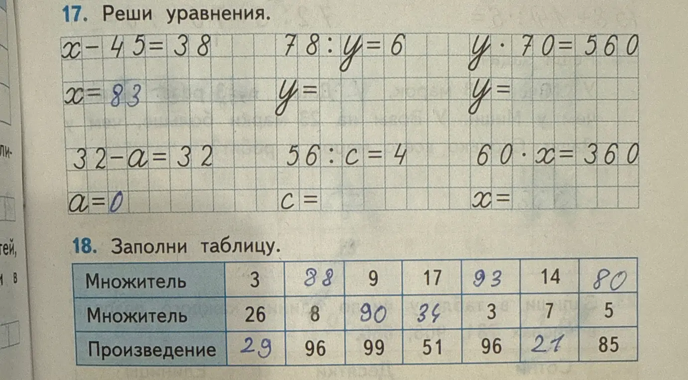Реши уравнения 78:y=6, y⋅70=560, 60⋅x=360 и заполни таблицу с множителями и произведением