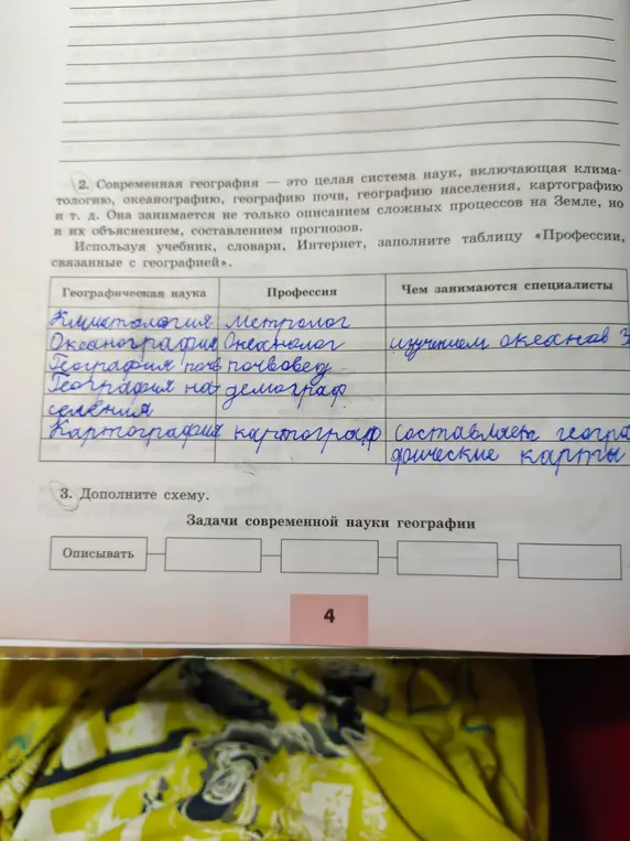 Помоги заполнить таблицу профессий, связанных с географией и дополнить схему задач современной науки географии