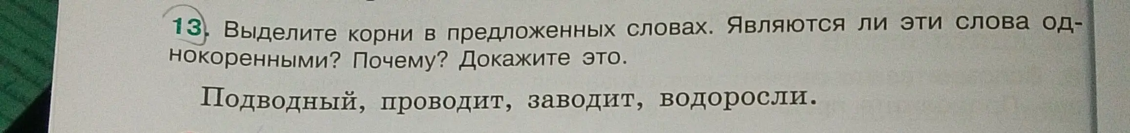Выдели корни в словах 'подводный', 'проводит', 'заводит', 'водоросли' и докажи, являются ли они однокоренными