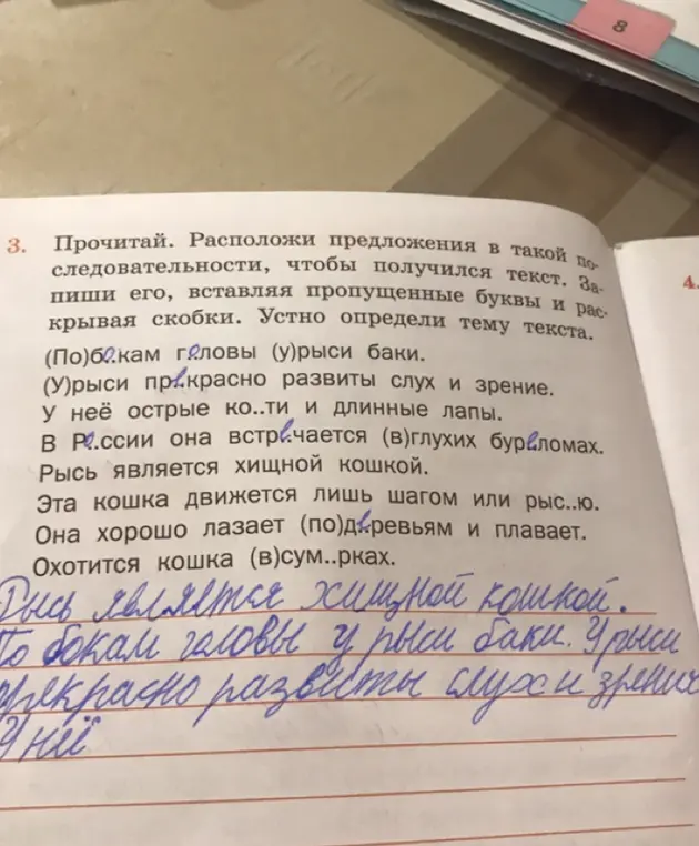 Расположи предложения в такой последовательности, чтобы получился текст, вставляя пропущенные буквы и раскрывая скобки.