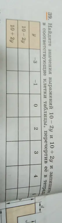 Можешь ли ты найти значения выражений 10-2у и 10 + 2у и записать в соответствующие клетки таблицы?