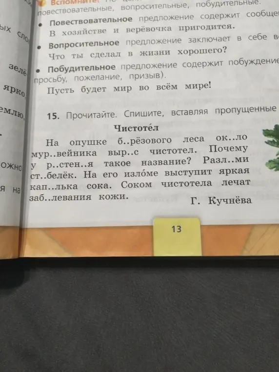 Прочитай, спиши, вставляя пропущенные буквы в тексте про чистотел