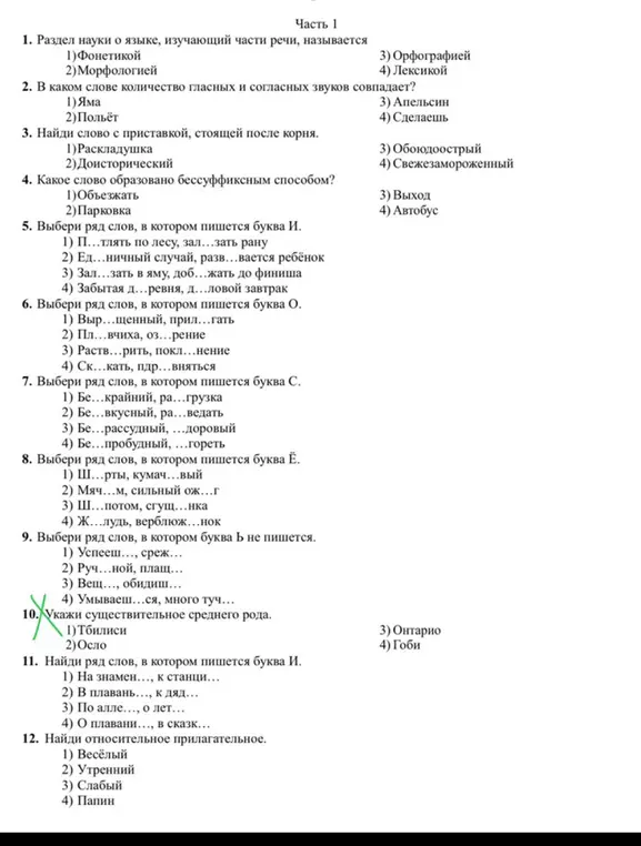 Выполни задания по русскому языку: укажи раздел науки о языке, существительное среднего рода, относительное прилагательное и др.